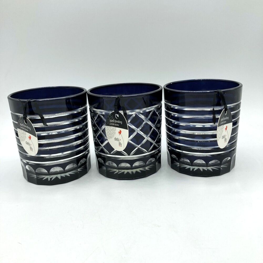 3 Set Debi Lilly Spell Binding Glass Candle Holder Black Stripe Diamond Witchy